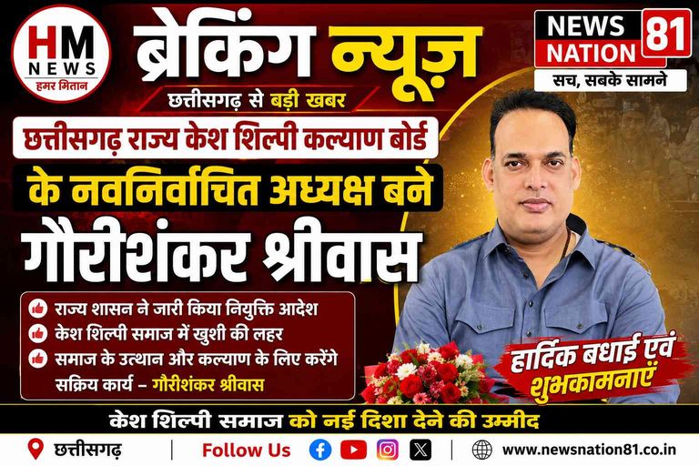 ब्रेकिंग: गौरीशंकर श्रीवास बने छत्तीसगढ़ राज्य केश शिल्पी कल्याण बोर्ड के नए अध्यक्ष !