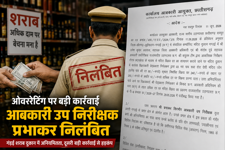 गंडई शराब दुकान में ओवररेटिंग पर बड़ी कार्रवाई: आबकारी उप निरीक्षक प्रभाकर सिरमौर निलंबित, जिले में दूसरी बड़ी कार्रवाई से मचा हड़कंप