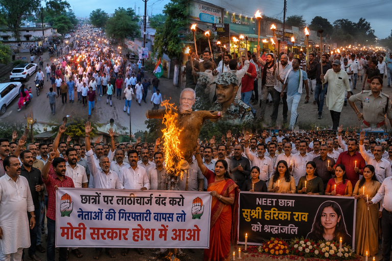 खैरागढ़. दिल्ली की कार्रवाई पर कांग्रेस का हल्लाबोल: पीएम मोदी का पुतला दहन, मशाल रैली के बाद हरिका राव की स्मृति में कैंडल मार्च