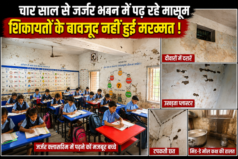खैरागढ़. जिला मुख्यालय में ही जर्जर भवन में चल रहा स्कूल, टपकती छत और गिरते प्लास्टर के बीच पढ़ने को मजबूर बच्चे