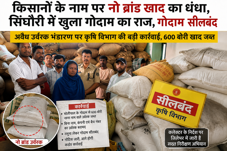 किसानों के नाम पर नो ब्रांड खाद का धंधा ! सिंघौरी में खुला गोदाम का राज, गोदाम सीलबंद